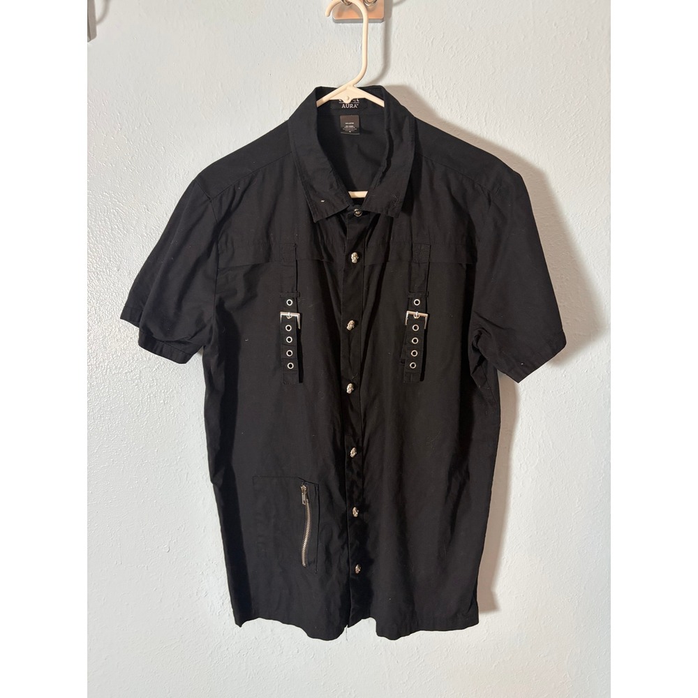 Cosmic Aura Men's S Black Gothic Skull Button Grommet Strap Utility Shirt Punk